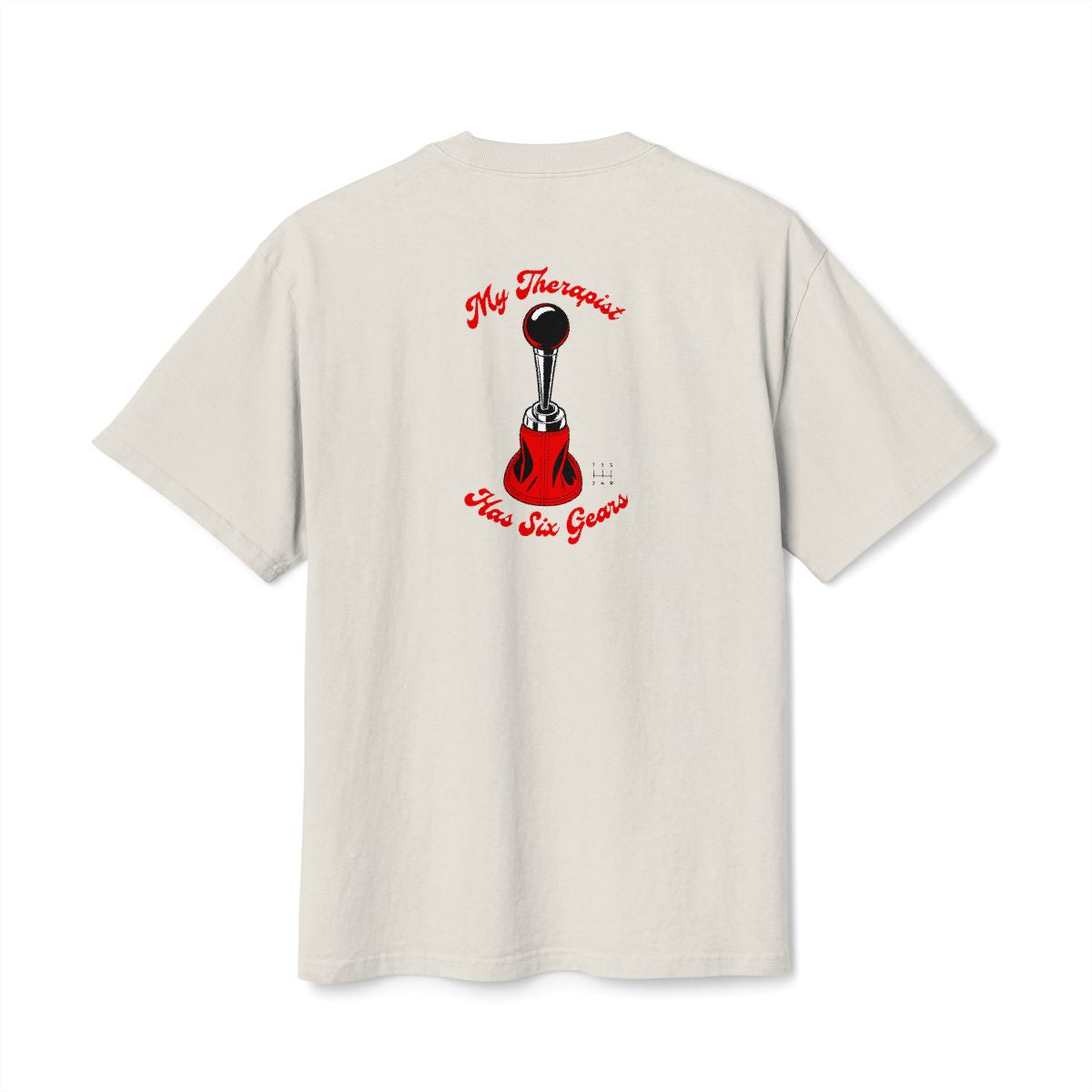 My Therapist Has Six Gears oversized faded tee — back view, Faded Bone, The Racing Society