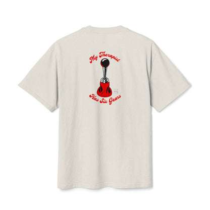 My Therapist Has Six Gears oversized faded tee — back view, Faded Bone, The Racing Society