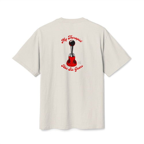My Therapist Has Six Gears oversized faded tee — back view, Faded Bone, The Racing Society