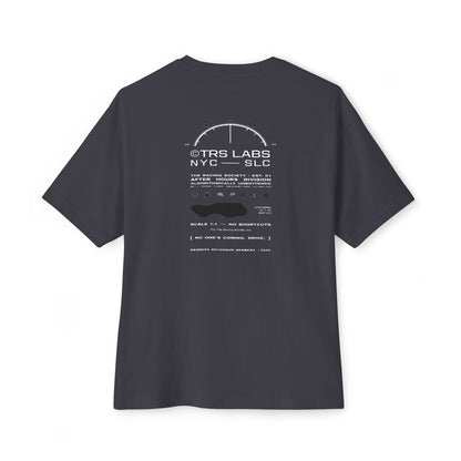 No One's Coming. Drive. oversized boxy tee — back print, Dark Grey
