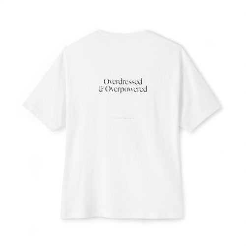 Overdressed & Overpowered oversized boxy tee — back print, White
