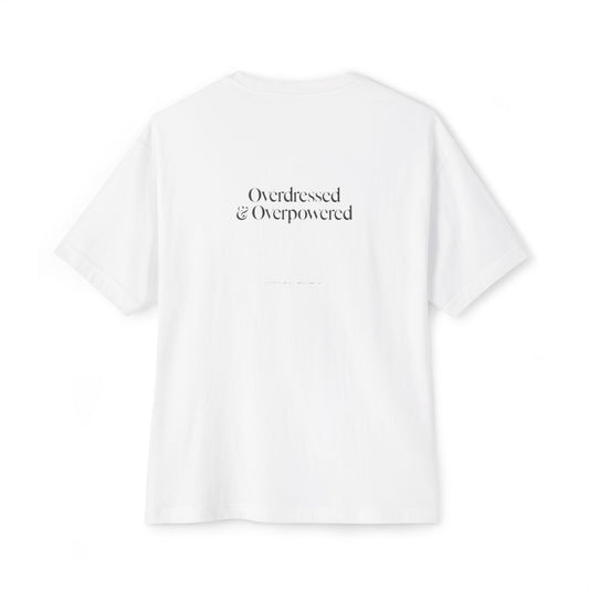 Overdressed & Overpowered oversized boxy tee — back print, White