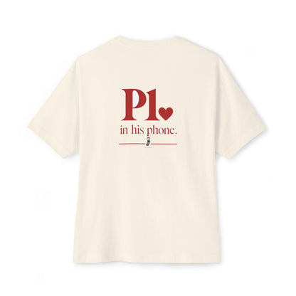 P1 In His Phone oversized boxy tee — back print, Natural
