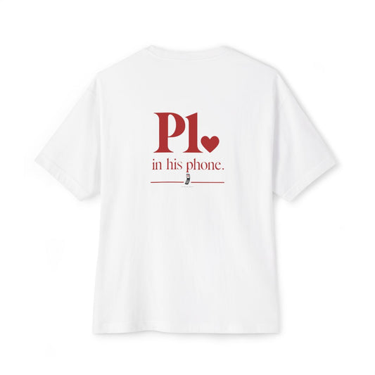 P1 In His Phone oversized boxy tee — back print, White