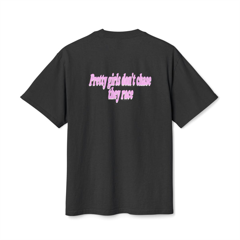 Pretty Girls Don't Chase They Race oversized faded tee — back view, Faded Black, The Racing Society