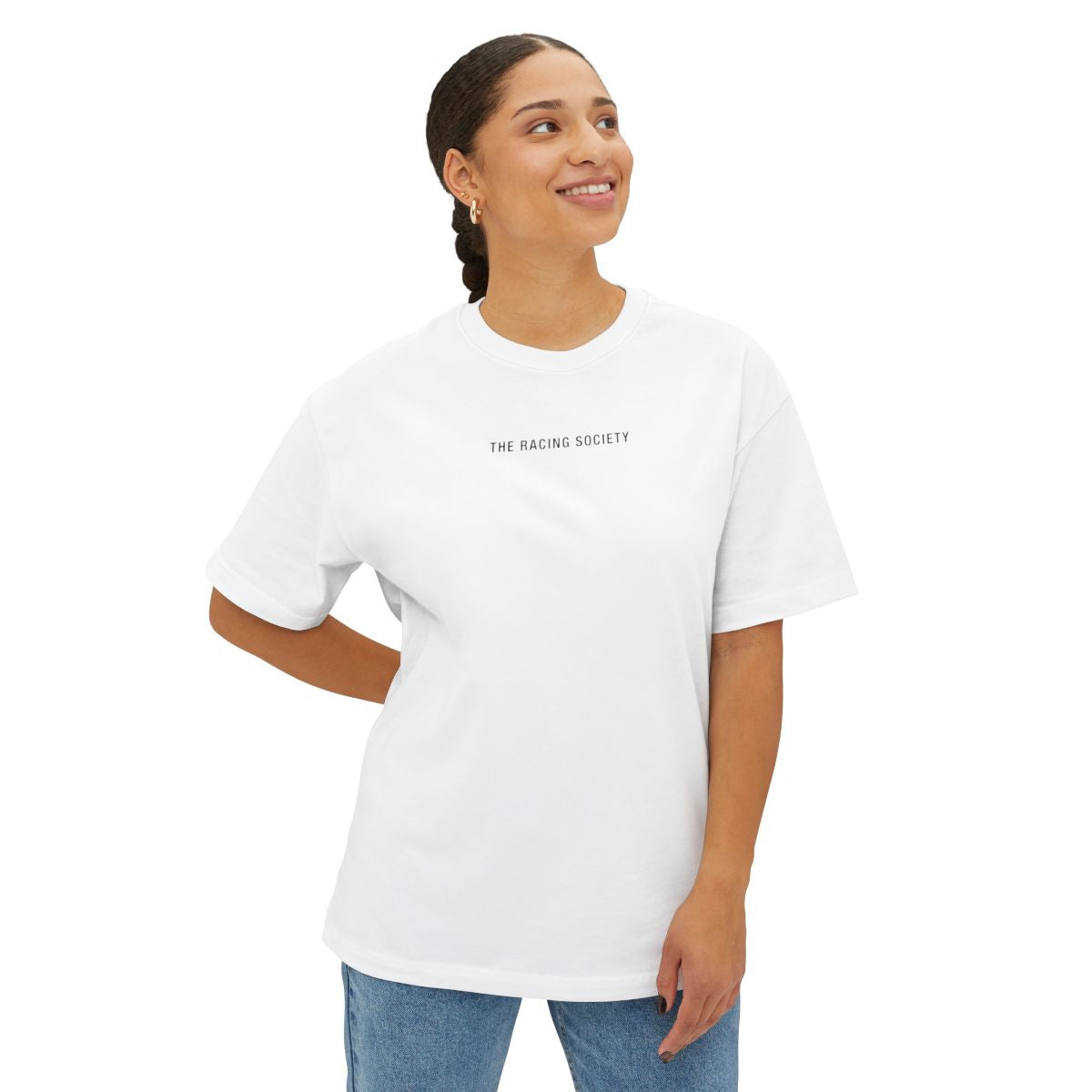 Racing Society Crest oversized boxy tee on model — White