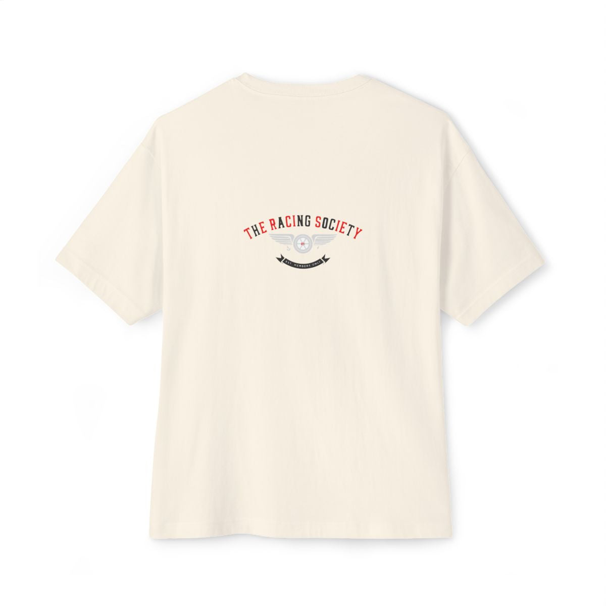 Racing Society Crest oversized boxy tee — back print, Natural