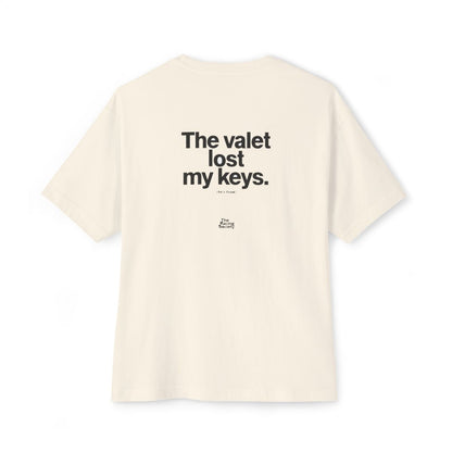 The Valet Lost My Keys oversized boxy tee — back print, Natural