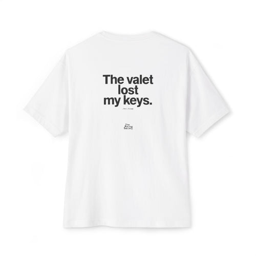 The Valet Lost My Keys oversized boxy tee — back print, White