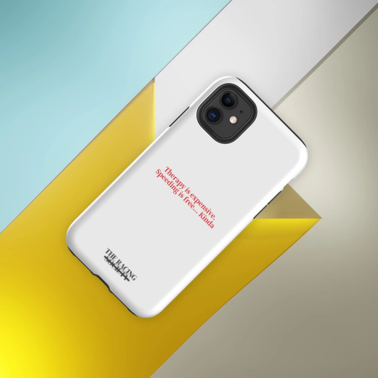 Therapy Is Expensive iPhone tough case — styled hero shot, The Racing Society