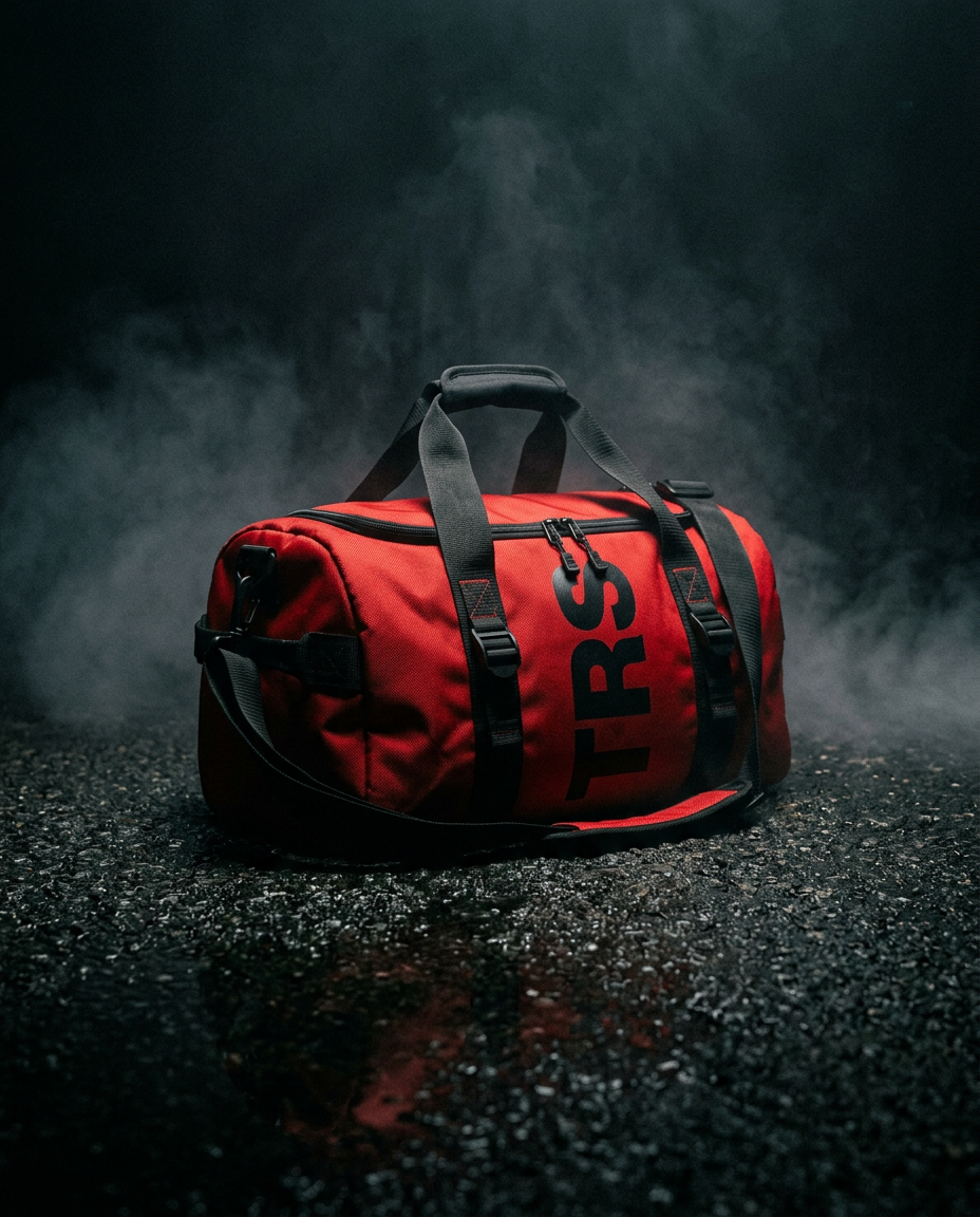 TRS Monogram duffle racing red on wet asphalt with smoke