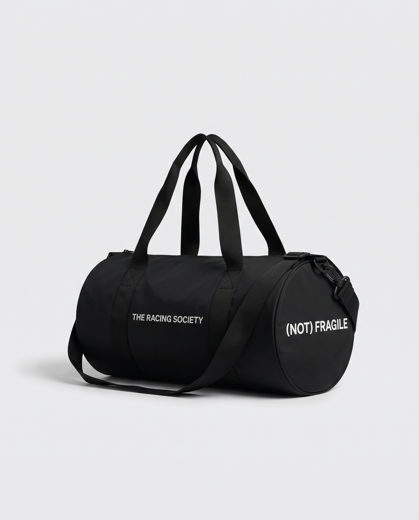 Racing Society gym bag in black with (Not) Fragile end print, official product photo