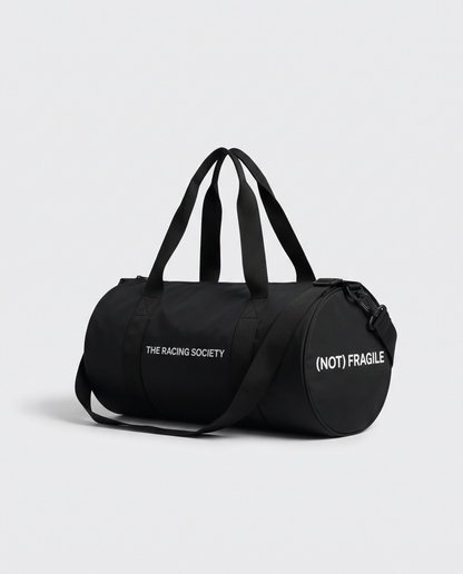 Racing Society gym bag in black with (Not) Fragile end print, official product photo