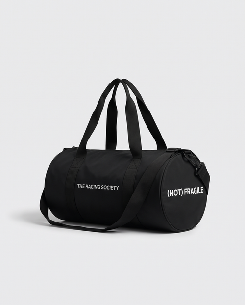 Racing Society gym bag in black with (Not) Fragile end print, official product photo