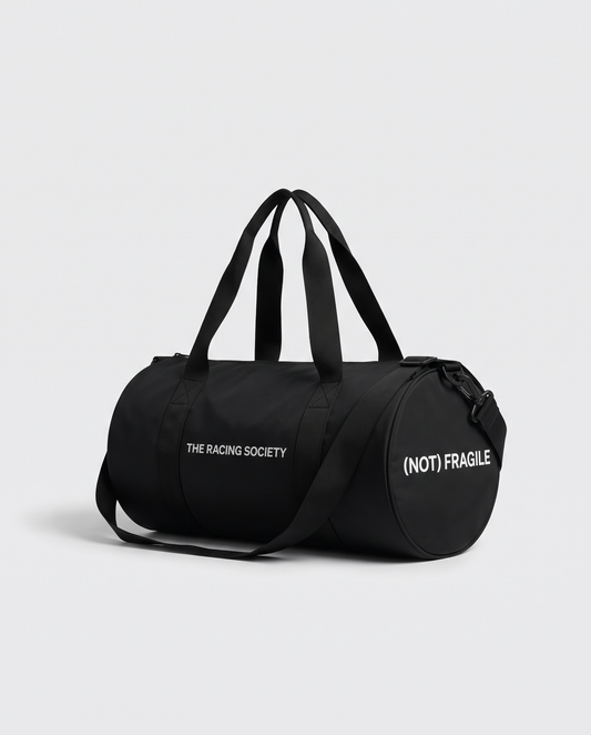 Racing Society gym bag in black with (Not) Fragile end print, official product photo