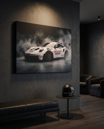 Racing Society 911 canvas print in dark lounge with helmet
